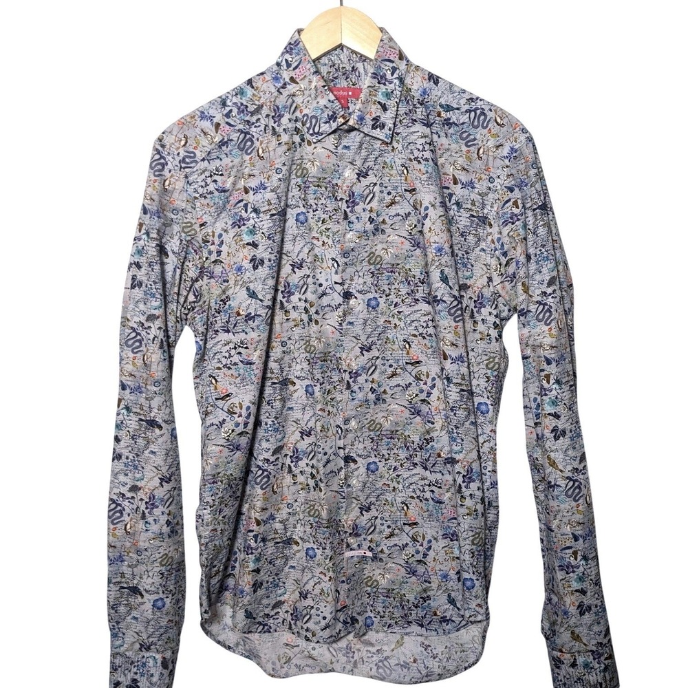 Nodus France Mens Botanical Snake Bird Script Print Long Sleeve Button Shirt S